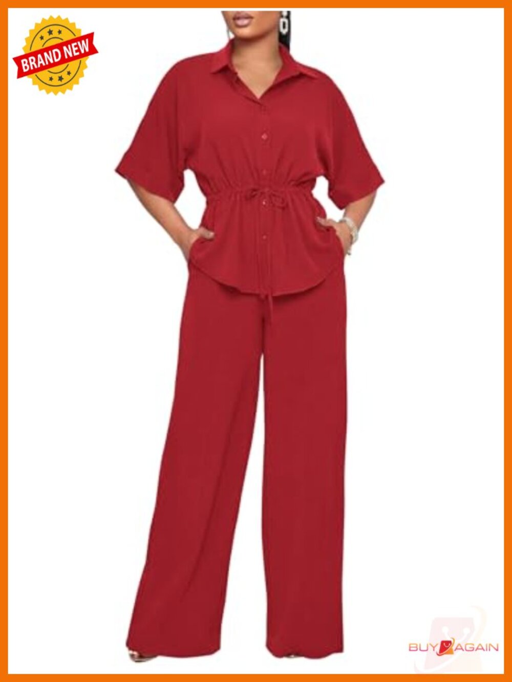 Two Piece Set: Short Sleeve Button Down Top & Flared Pants Pantsuit